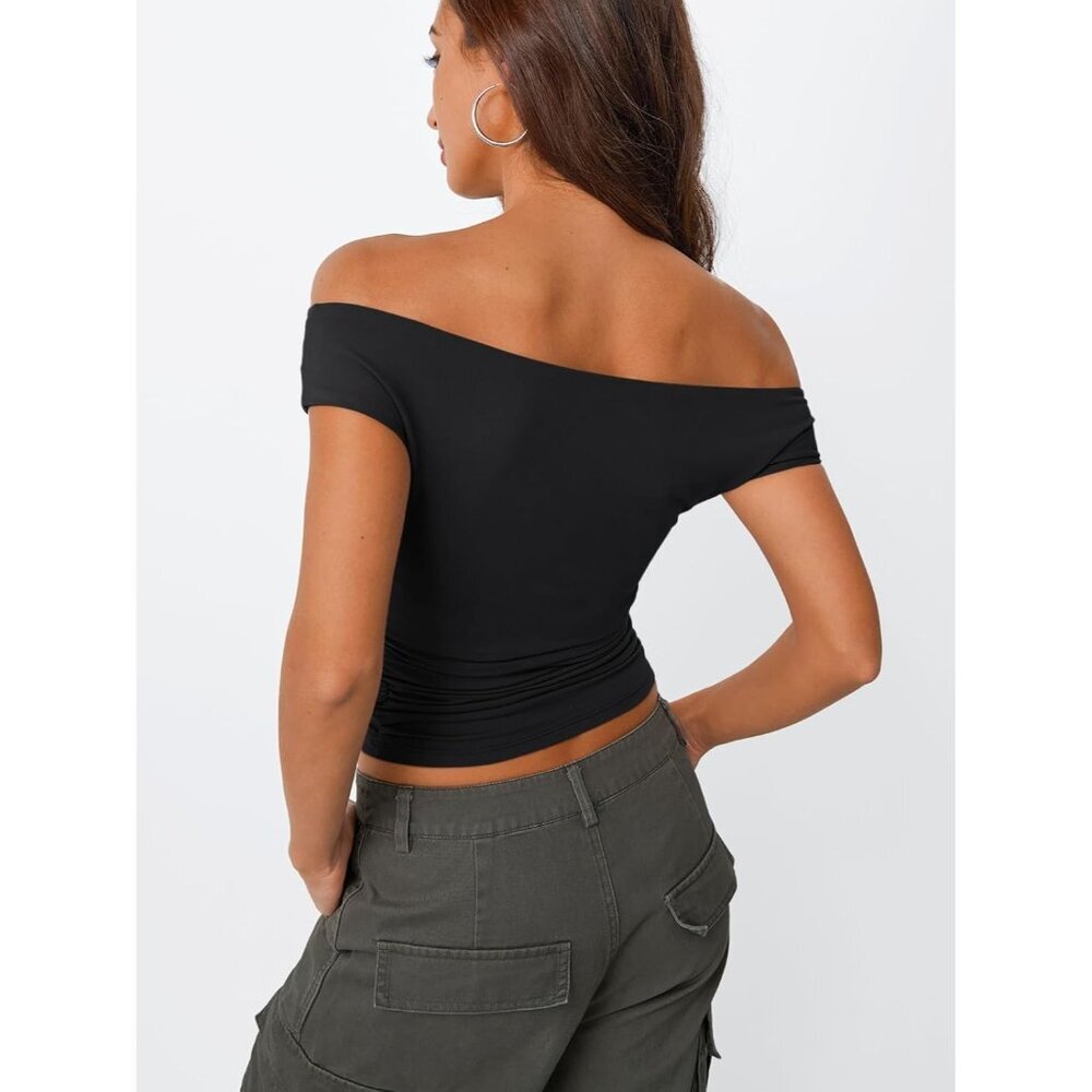 Women's Cami Crop Tops Black Off The Shoulder Classic Summer Going Out Comfort - Picture 4 of 5